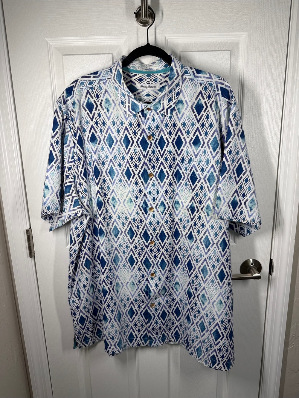 Tommy Bahama silk and cotton blend geometric print button down shirt size XXLT